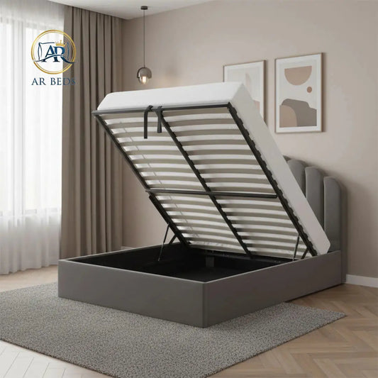 Amari Ottoman Bed with Gas Lift – Tall Floor Standing Headboard – Charcoal Grey