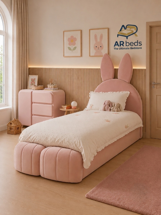 Light Rose Pink Kids Bunny Upholstered Drawer Single Bed
