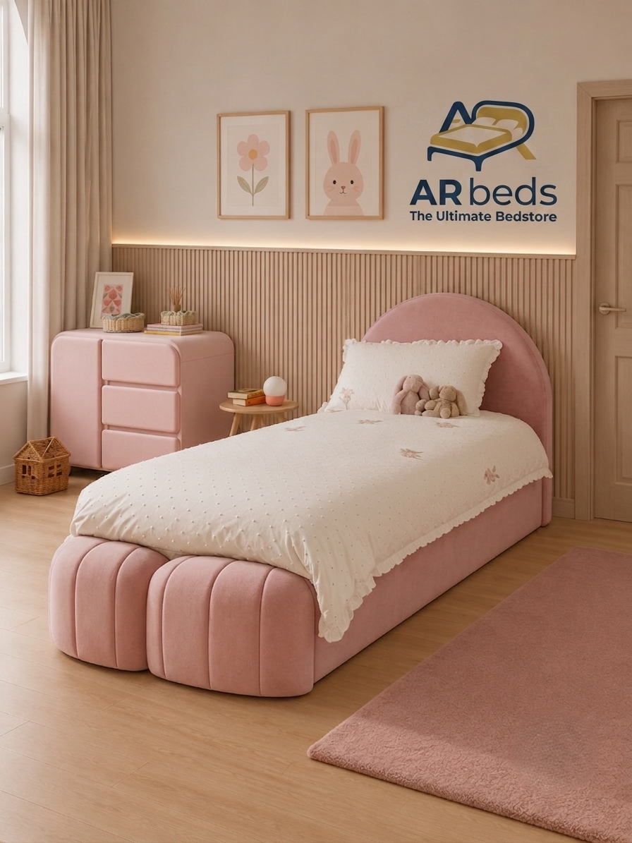 Light Rose Pink Kids Bunny Upholstered Drawer Single Bed