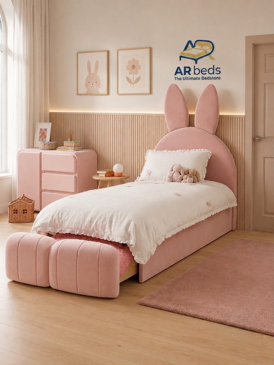 Light Rose Pink Kids Bunny Upholstered Drawer Single Bed