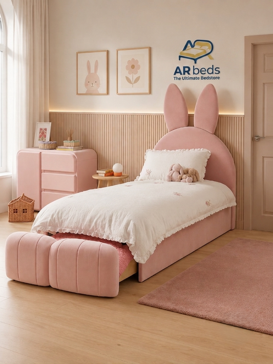 Light Rose Pink Kids Bunny Upholstered Drawer Single Bed