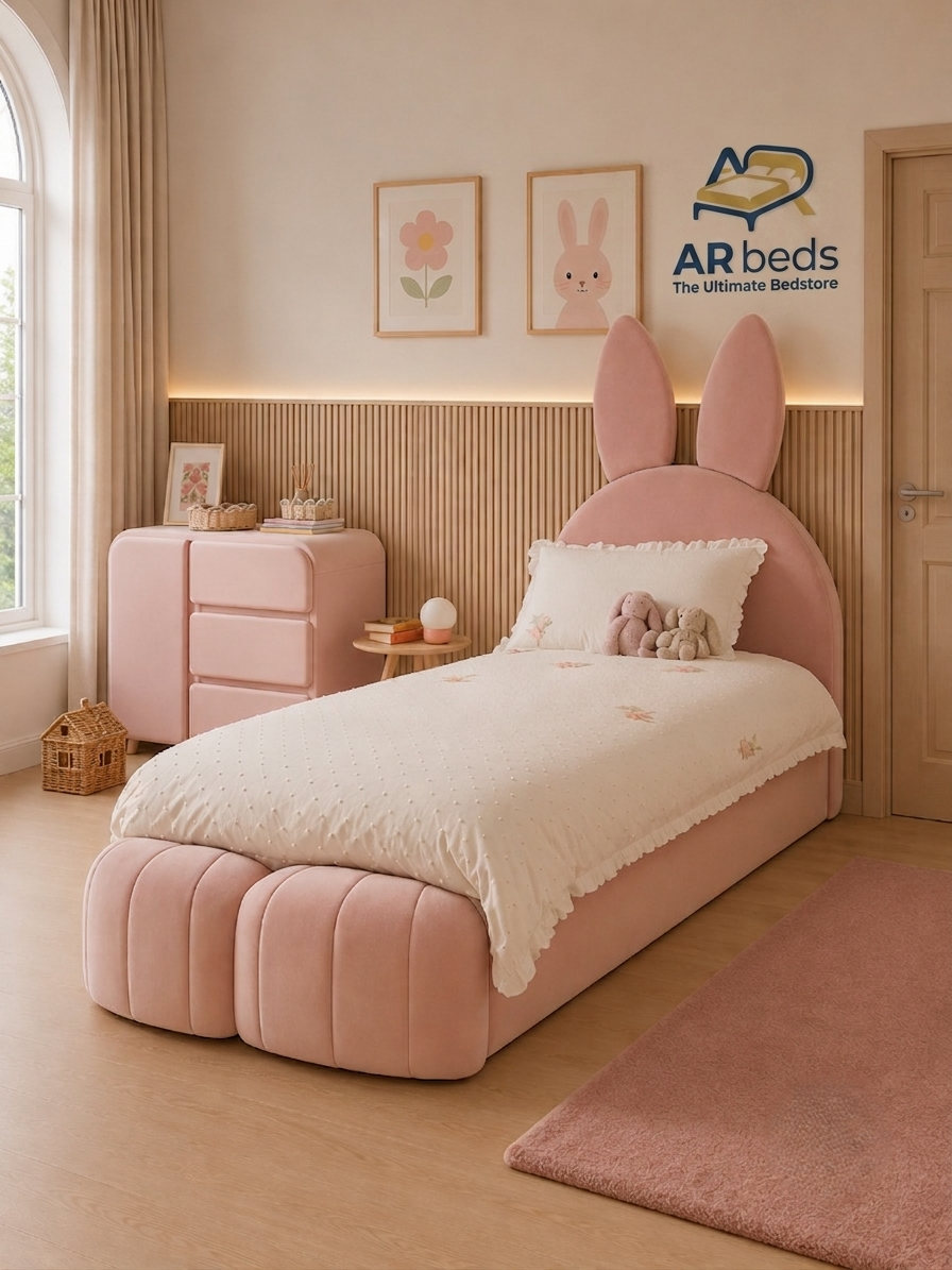 Light Rose Pink Kids Bunny Upholstered Drawer Single Bed