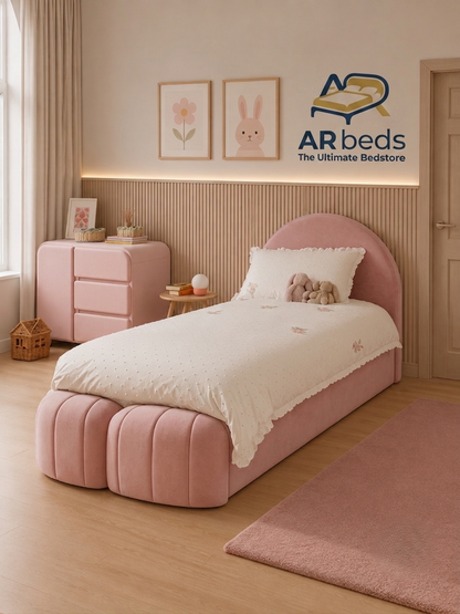 Light Rose Pink Kids Bunny Upholstered Drawer Single Bed